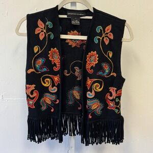 Vintage Andrea Jovine 100% Wool Embroidered Fringe Vest Black Floral Large